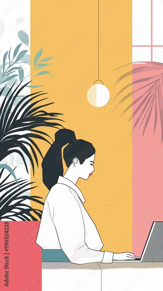 Poster a vertical image of a line art illustration of a woman typing on a computer keyboard.