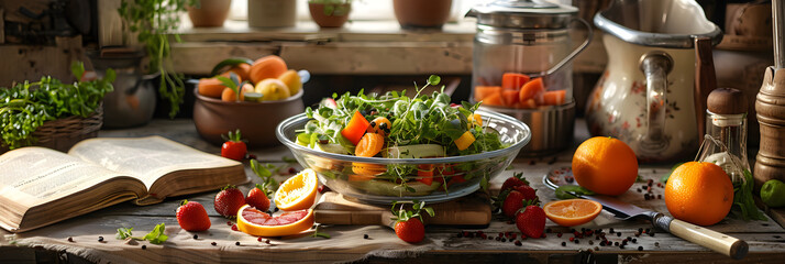 Colorful Array of Fruits, Vegetables and Fresh Salad with Open Recipe Book in Rustic Kitchen