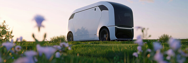 A white and black bus is parked in a grassy field under the clear sky