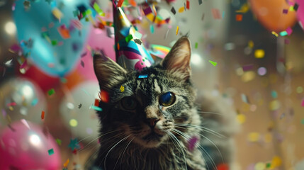 A cat with a colorful party hat sits among balloons and confetti in a festive setting