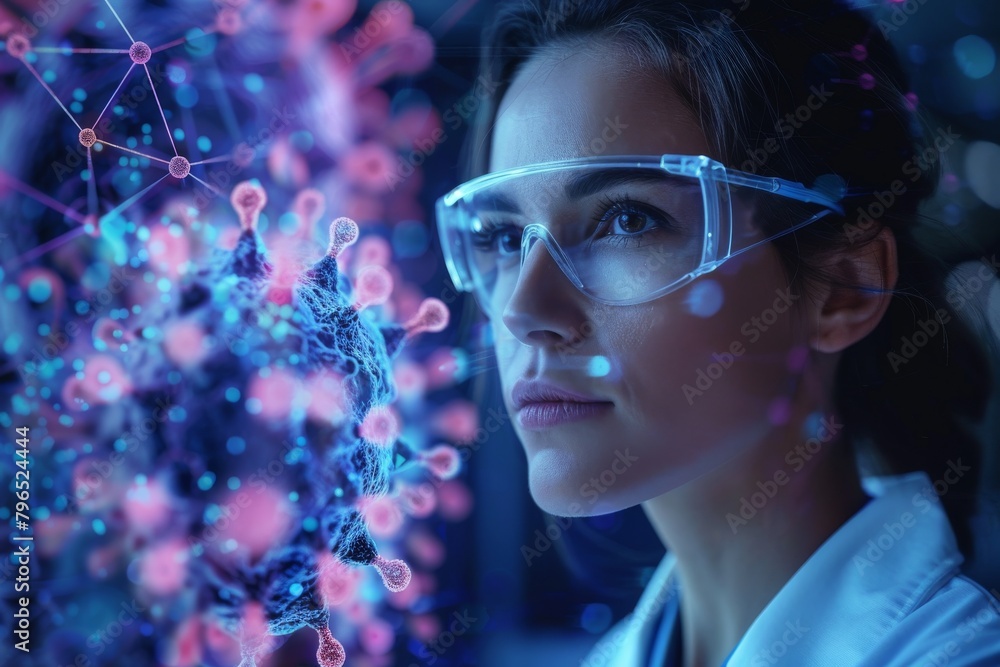 Aufkleber a female scientist intently studies molecular structures with high-tech visualizations