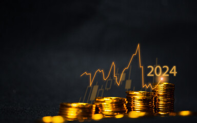 Discover the concept of investment and trading with gold coins on a black background, perfect for...