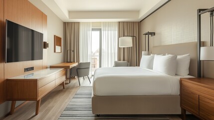 Fototapeta premium A Hotel Room With A King-Size Bed. 