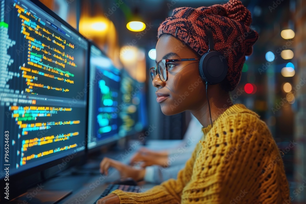 Poster a focused female developer with bright red braids programs with headphones in a dynamic tech environ