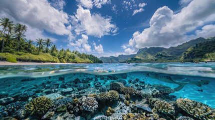 Fototapeta premium A view from below the waters surface capturing the vibrant colors of a coral reef teeming with various marine life