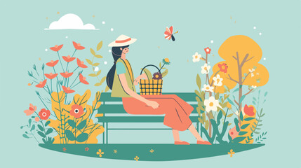 Woman sitting on the bench with spring flowers in bas - obrazy, fototapety, plakaty