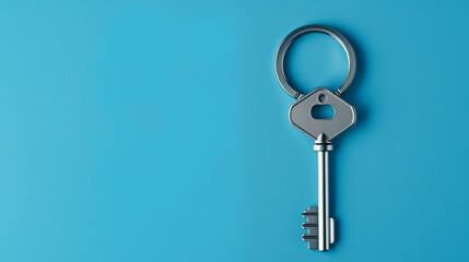 A silver skeleton key on a blue background.

