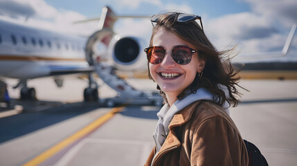 Young woman takes a selfie at the airport in front of a plane before the departure. Concept about...
