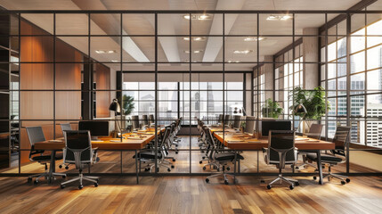 An empty office space filled with desks and chairs, devoid of people or activity