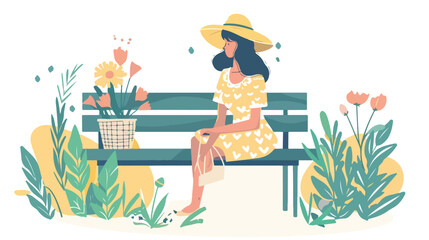 Woman sitting on the bench with spring flowers in bas