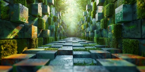 A long green brick wall with a path of green moss