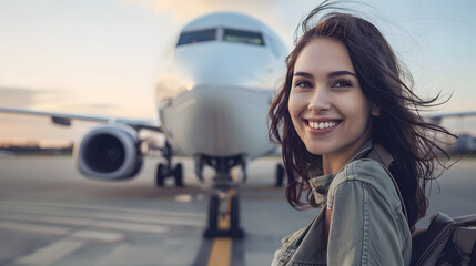 Young woman takes a selfie at the airport in front of a plane before the departure. Concept about travel and technology