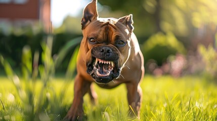 Aggressive and angry dog in the yard close-up