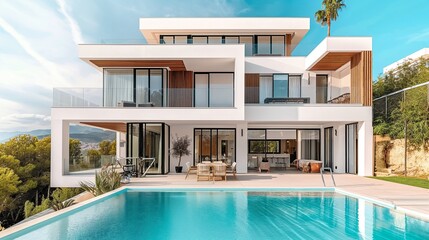 A Modern House With A Swimming Pool And Mountain View In The Background. 