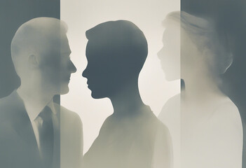 Double exposure profile portrait of parents and teenager.  Art, poster, banner, collage 
