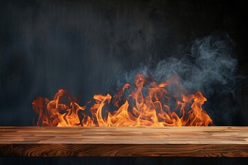 empty Wood table product display with flame effect on dark background