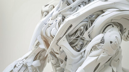 A detailed view of a robotic sculpture reveals a fusion of organic and mechanical elements. Smooth curving lines intertwine with hard angular structures creating a beautiful