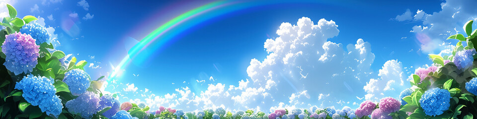 虹の架かった青空とアジサイの風景　Generative AI