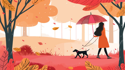 Obraz na płótnie Canvas Woman walking a dog in autumn with umbrella. Vector illustration