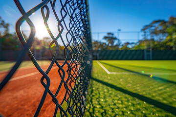 Close-up of a metal mesh in an outdoor sports stadium on a sunny day. Generated by artificial intelligence