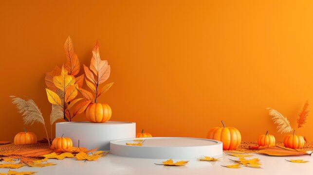3D rendering with a white round podium, two orange pumpkins and floating autumn leaves on an orange background.