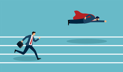 Businessman superhero fly pass his competitor. Business competition concept.