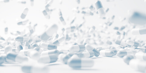 White blue pills close up. Development medicine and pharmacology
