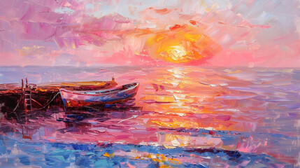Sunset seascape in oil, with a boat at a jetty illuminated by impressionistic colors.