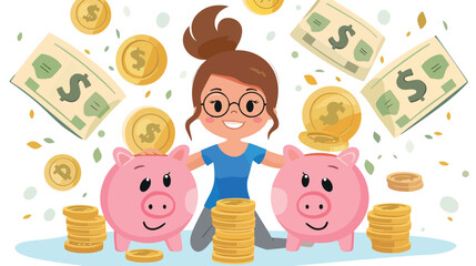 Woman who saves money in piggy bank. Concept of money