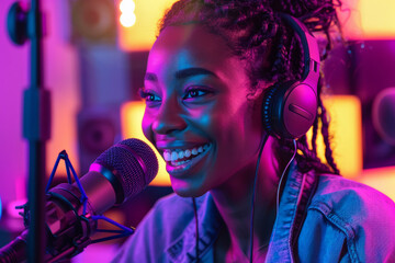 A cheerful African American podcaster delivering into a microphone in a studio illuminated by neon lights.