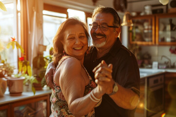 A cheerful elderly Hispanic couple, husband and wife, gracefully dance in their sunlit living room, radiating joy and love as they embrace life's happy moments together in retirement.