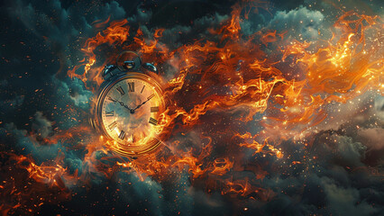 Time on Fire: Abstract Realistic Illustration of Clock Intertwined with Flames, Abstract Art Depicting Clock Amidst Fire
