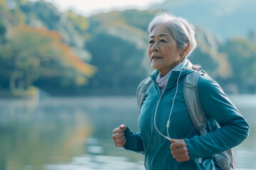 A Japanese senior woman listening to music while running by the lake in nature. The elderly woman is exercising to stay healthy, vital, enjoying physical activity and relaxation outdoors.