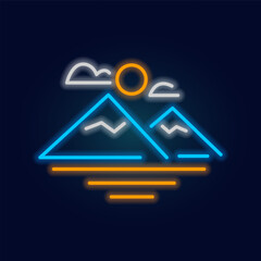 Fashion Mountain, nature neon sign. Night bright signboard, Glowing light. Summer logo, emblem for Club or bar concept