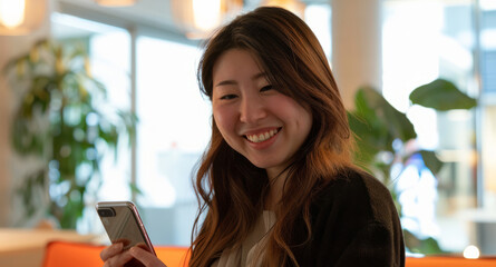 A smiling Japanese female professional utilizing her smartphone in a creative, contemporary office setting.