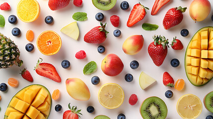 Creative layout made of fruits, Flat lay, Plum, apple, strawberry, blueberry, papaya, pineapple,...