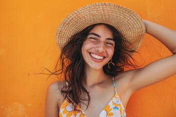 A smiling person dressed for warm weather happily removing their hat in greeting against an orange backdrop. This image evokes the carefree spirit of a summer holiday.