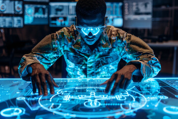 An African American military intelligence expert uses a holographic augmented reality table with a blueprint of a drone for futuristic warfare strategy. 