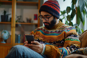 An Arab freelancer, dressed in a colorful sweater, immersed in his smartphone while in the office environment.