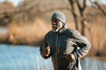 An African American senior man listening to music while running by the lake in nature. The elderly man is exercising to stay healthy, vital, enjoying physical activity and relaxation outdoors.