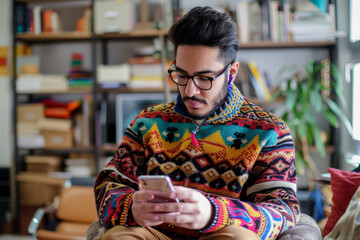 An Arab freelancer, dressed in a colorful sweater, immersed in his smartphone while in the office environment.