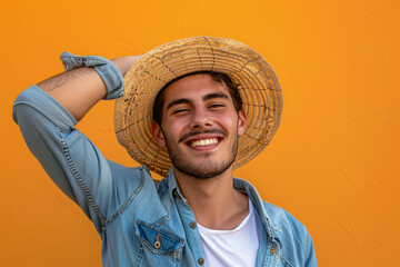 An enthusiastic individual in casual summer clothing joyfully lifting his hat in salutation against an orange background. This photo encapsulates the happiness of a summer getaway.