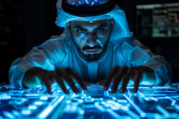 An Arabian military intelligence expert uses a holographic augmented reality table with a blueprint of a drone for futuristic warfare strategy. 