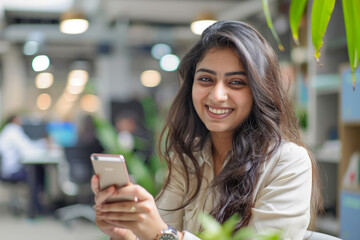 An Indian businesswoman happily using her smartphone in a modern, innovative office atmosphere.