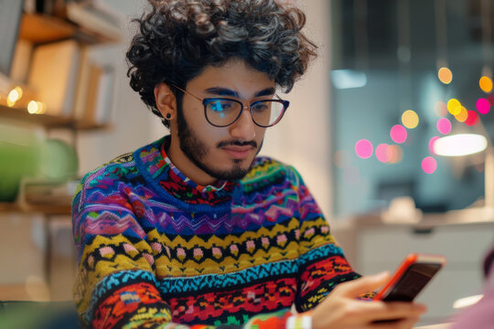An Arab freelancer, dressed in a colorful sweater, immersed in his smartphone while in the office environment.