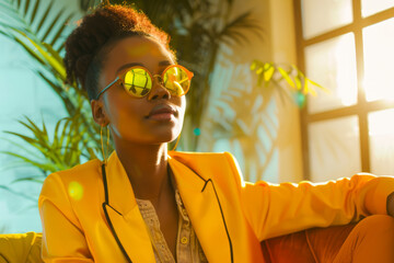Confident African American woman posing stylishly in a brightly lit room. Fashion-forward young lady striking a pose in a vibrant creative studio, representing a luxurious fashion brand.