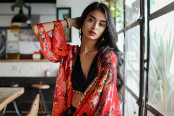 Confident Indian woman posing stylishly in a well-lit room. Fashion-forward young lady striking a pose in a vibrant creative studio, working for a luxurious fashion brand.
