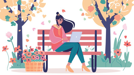 Woman with laptop sitting on the bench and spring flo