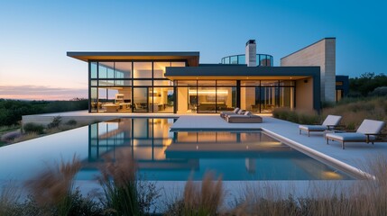 Obraz premium A Modern House With A Swimming Pool And Mountain View In The Background. 