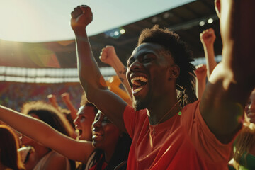 Fans, including enthusiastic Black supporters, cheer for their team in a stadium during a soccer championship match. 